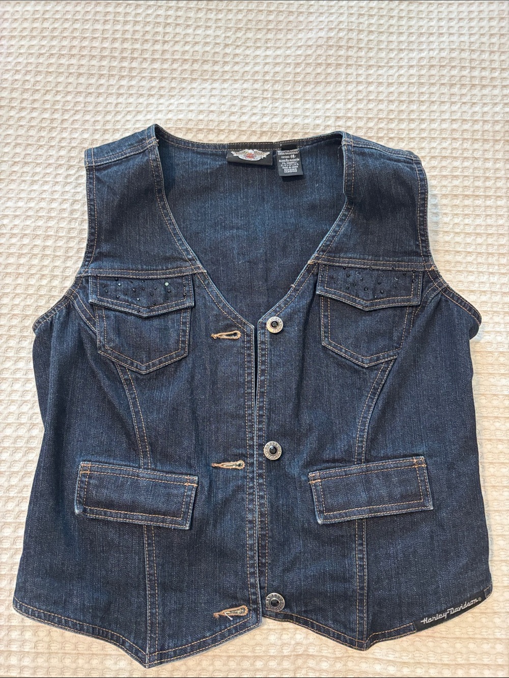 Harley-Davidson Navy Blue Denim Vest with White Logo - Picture 2 of 5